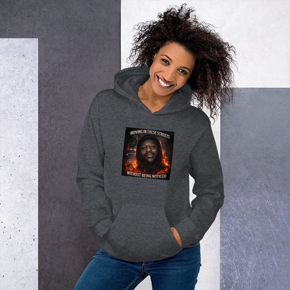 Dark heather gray streetwear hoodie with hood and front graphic print