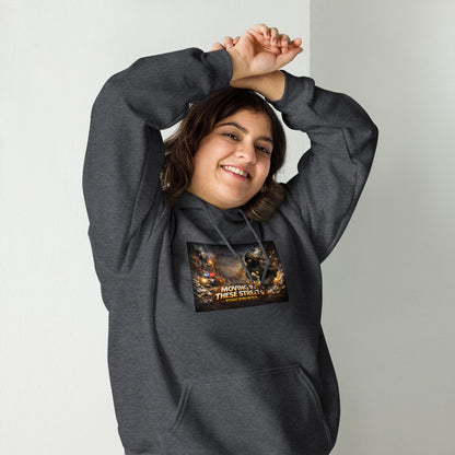 Charcoal pullover hoodie with hood, front pocket, and colorful street graphic on chest
