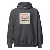 Dark heather gray pullover hoodie with front graphic print and kangaroo pocket, drawstring hood