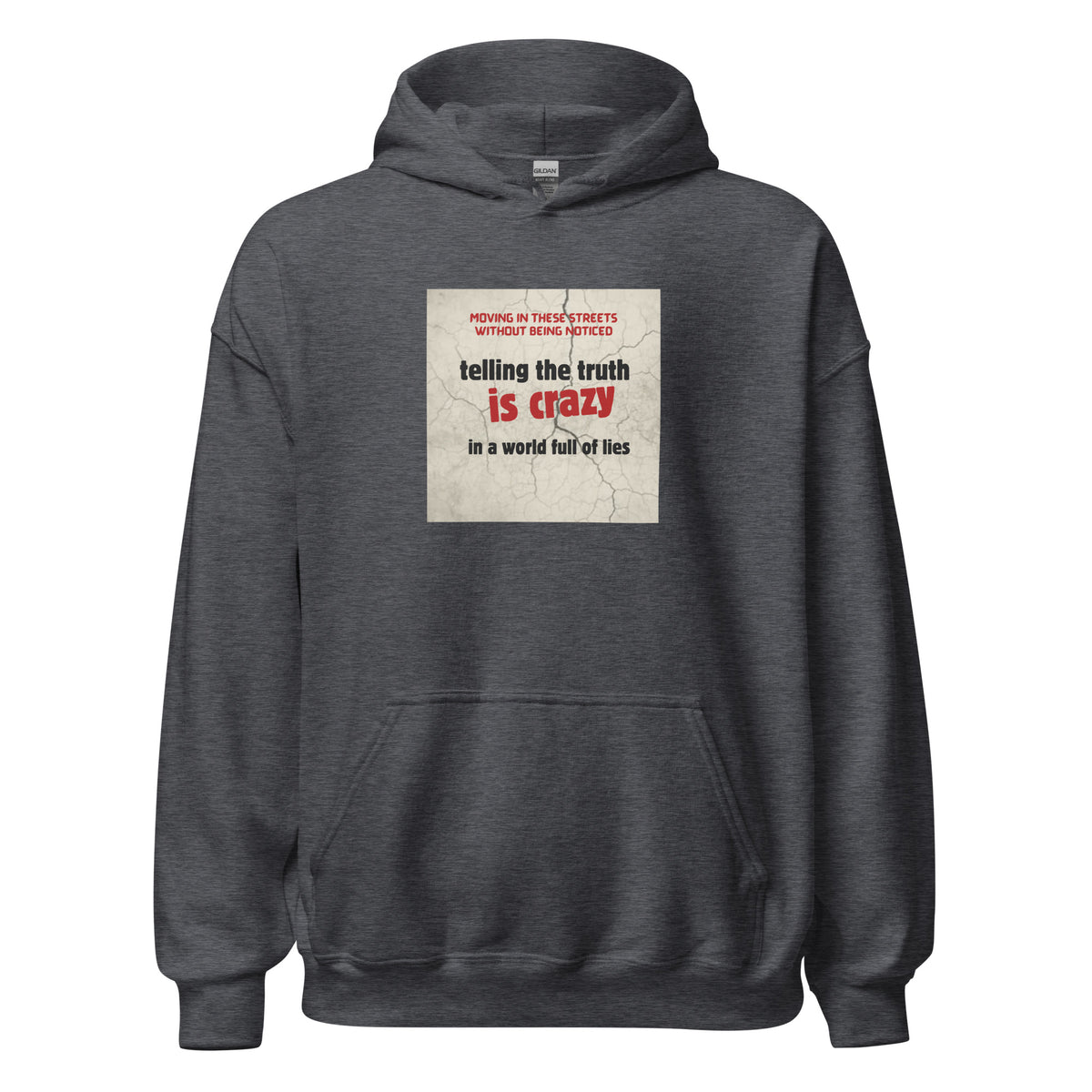 Dark heather gray pullover hoodie with front graphic print and kangaroo pocket, drawstring hood