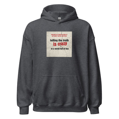 Dark heather gray pullover hoodie with front graphic print and kangaroo pocket, drawstring hood