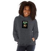 Dark gray pullover hoodie with hood, front graphic print, and kangaroo pocket.