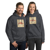 Unisex charcoal gray streetwear hoodie with front “AMERICA” graphic print, kangaroo pocket.