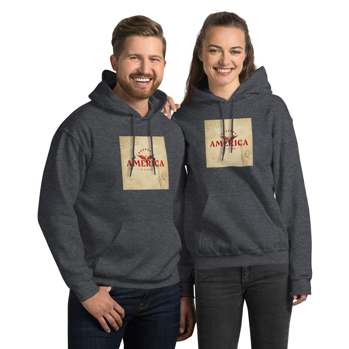 Unisex charcoal gray streetwear hoodie with front “AMERICA” graphic print, kangaroo pocket.