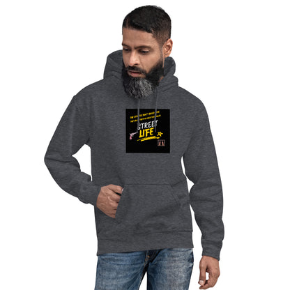 Dark heather gray unisex pullover hoodie with kangaroo pocket and square chest graphic