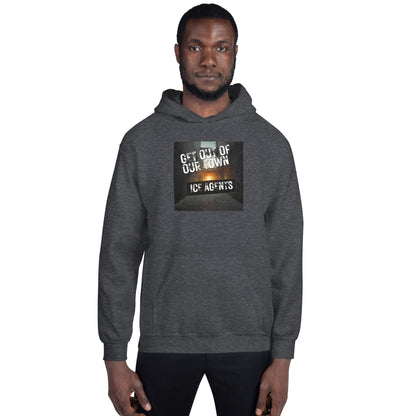 Dark heather gray pullover hoodie with attached hood and front square graphic print.