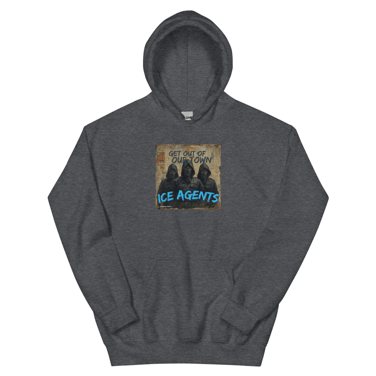 Charcoal pullover hoodie with front graphic print and adjustable hood