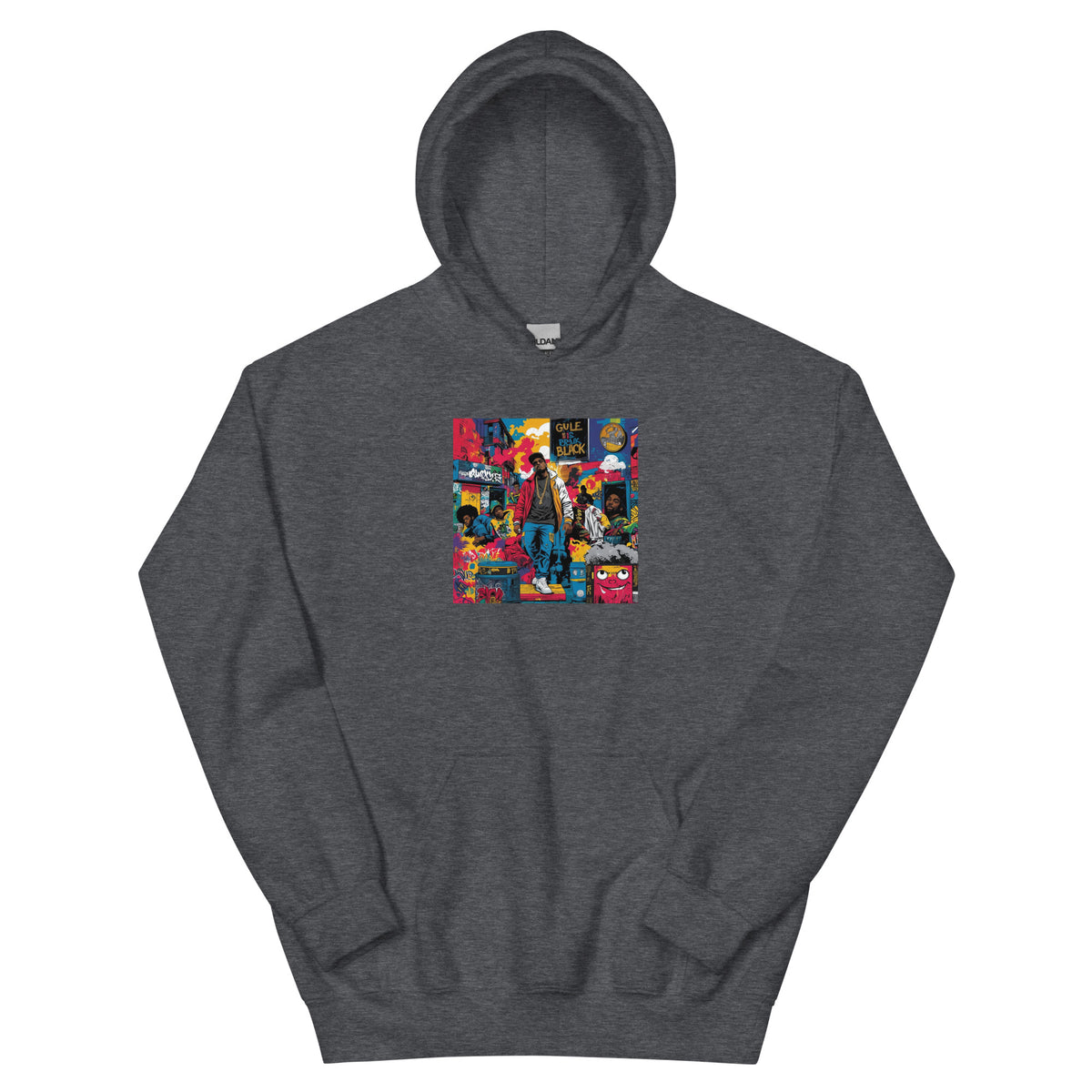 Dark heather gray pullover hoodie with front square graphic print and kangaroo pocket