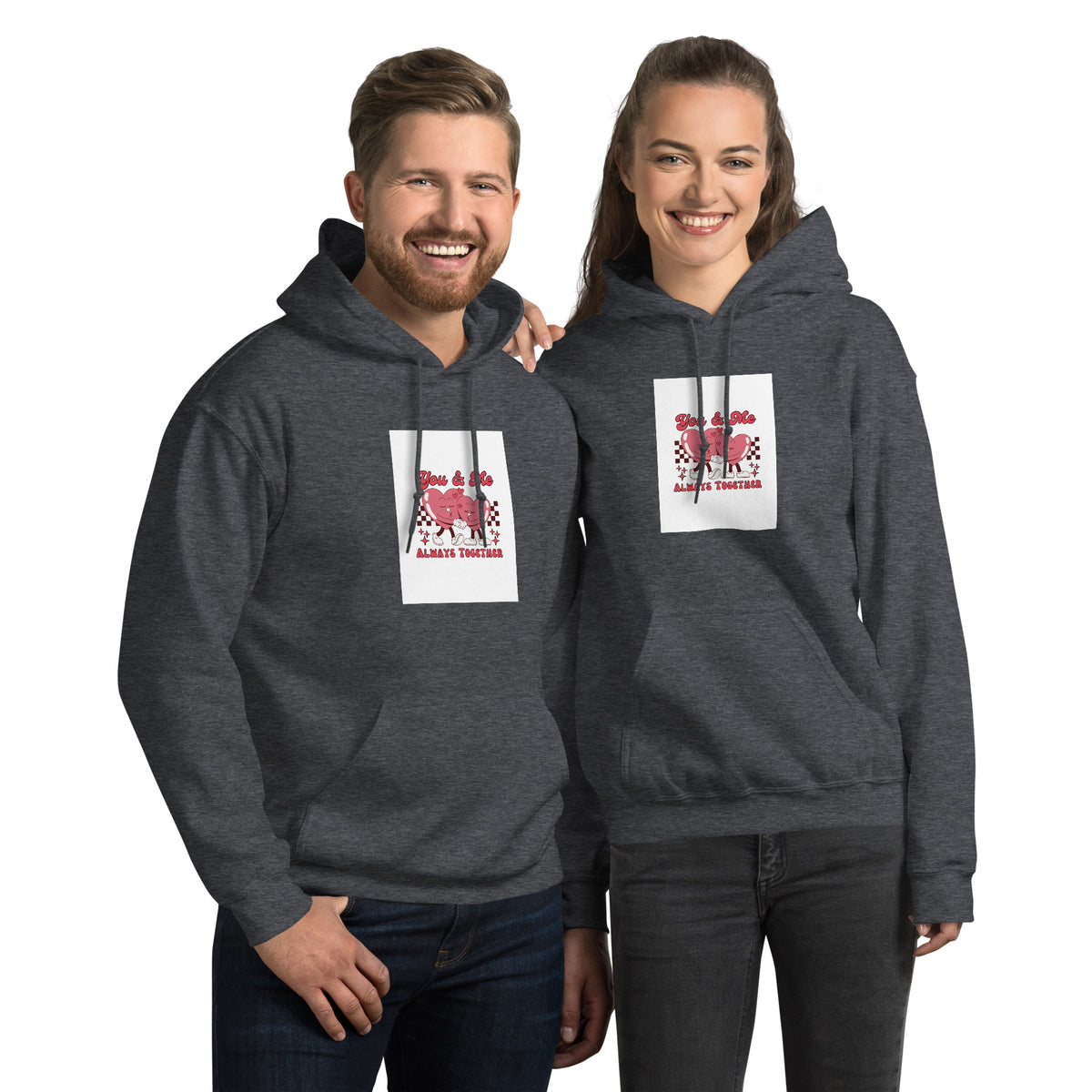 Medium gray pullover hoodie with hood and front pocket, square chest graphic print.