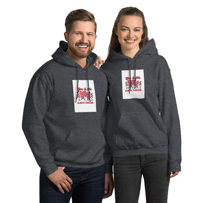 Medium gray pullover hoodie with hood and front pocket, square chest graphic print.