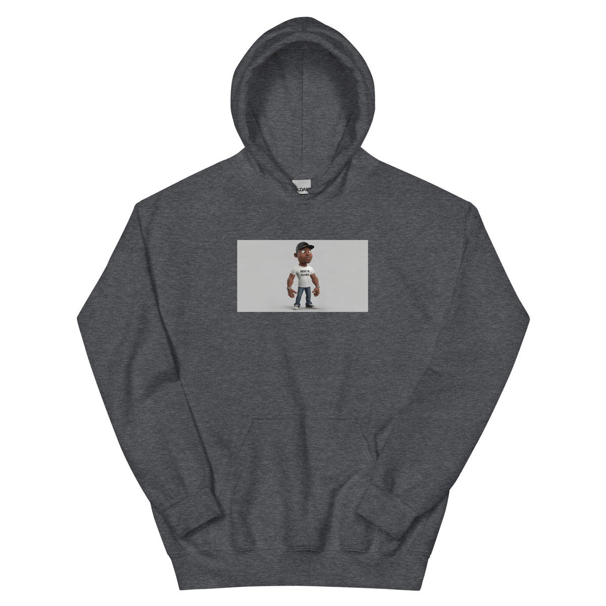 Dark gray unisex hoodie with front pocket and chest graphic