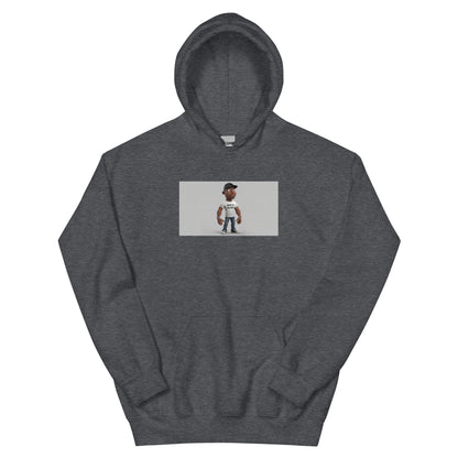 Dark gray unisex hoodie with front pocket and chest graphic