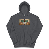 Unisex pullover hoodie in charcoal gray with chest graphic and front kangaroo pocket