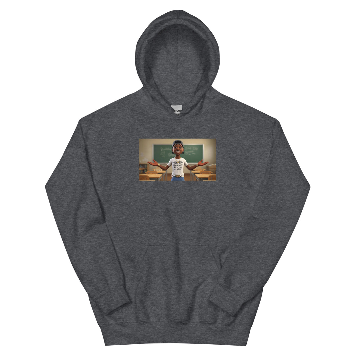 Unisex pullover hoodie in charcoal gray with chest graphic and front kangaroo pocket