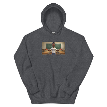 Unisex pullover hoodie in charcoal gray with chest graphic and front kangaroo pocket