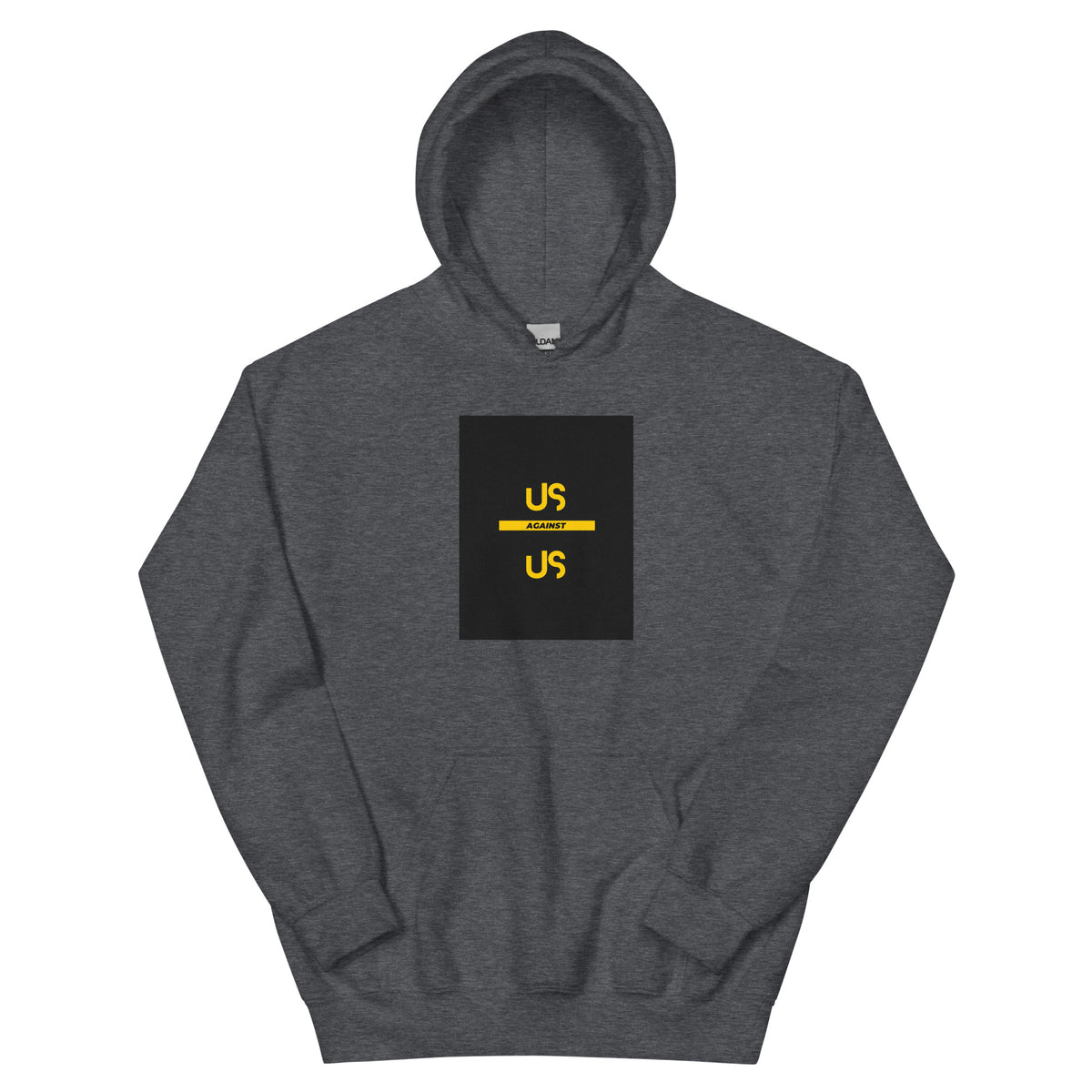 Charcoal unisex hoodie with square chest graphic print and front kangaroo pocket