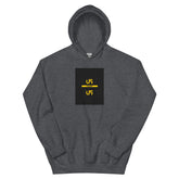 Charcoal unisex hoodie with square chest graphic print and front kangaroo pocket