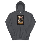 Dark charcoal pullover hoodie with front graphic print and kangaroo pocket