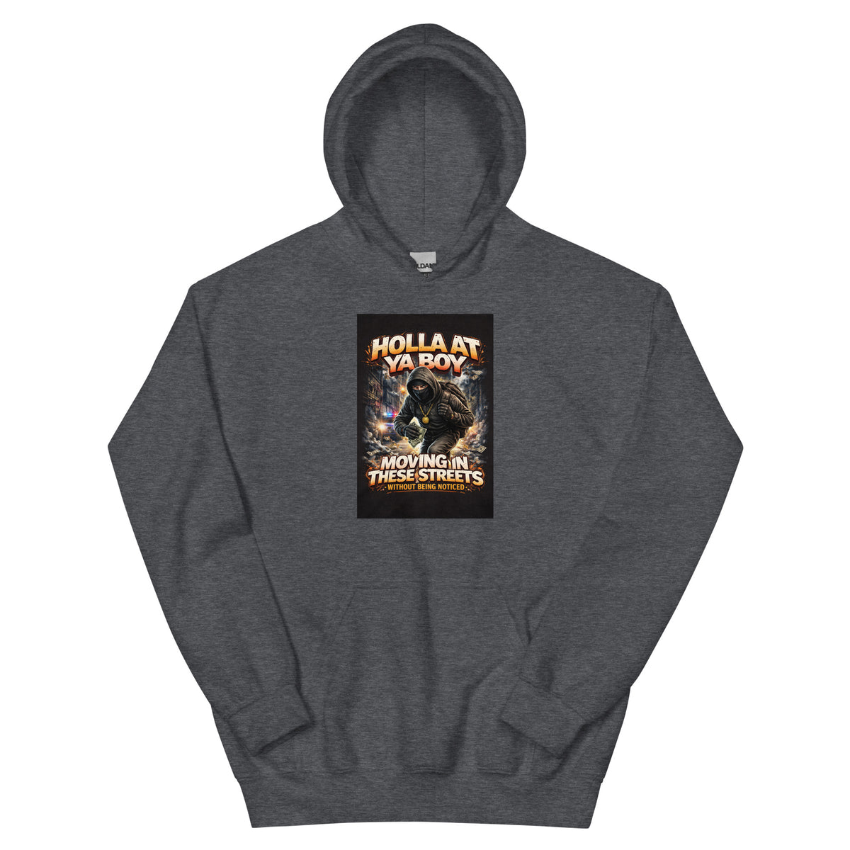 Dark charcoal pullover hoodie with front graphic print and kangaroo pocket