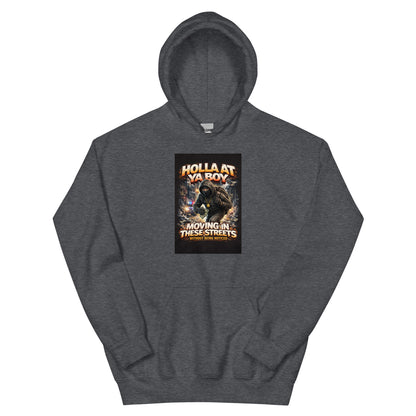 Dark charcoal pullover hoodie with front graphic print and kangaroo pocket