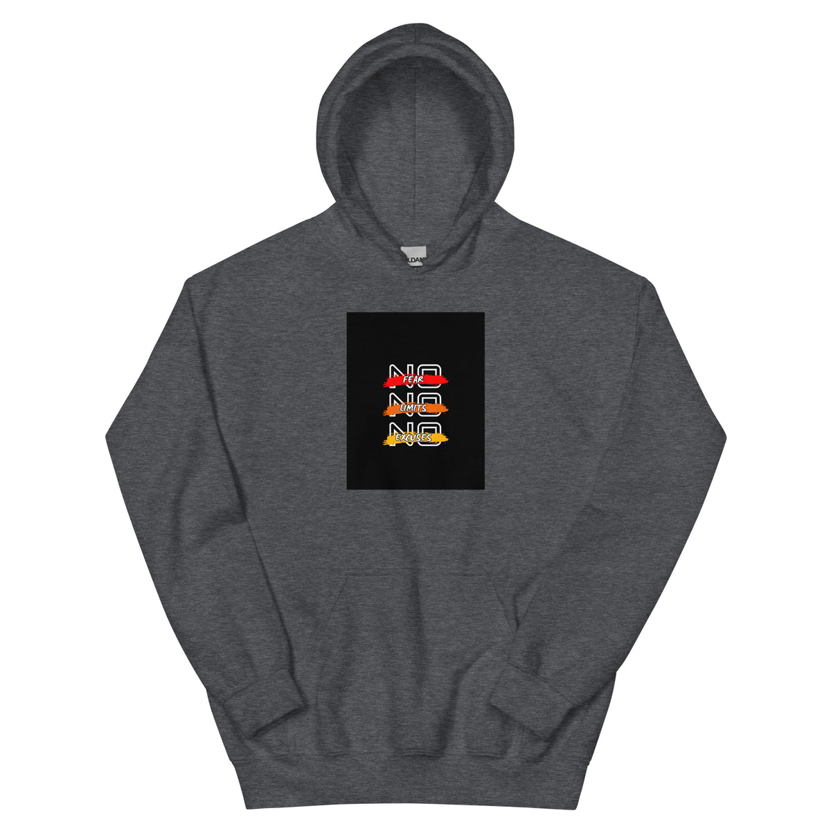 Charcoal gray streetwear hoodie with front chest graphic, pullover hood and kangaroo pocket