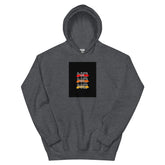 Charcoal gray streetwear hoodie with front chest graphic, pullover hood and kangaroo pocket