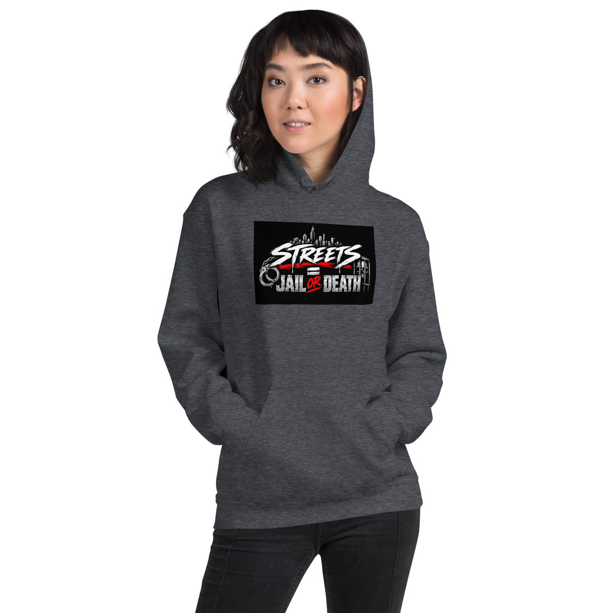 Unisex heather gray hoodie with front graphic logo, pullover hood, and kangaroo pocket