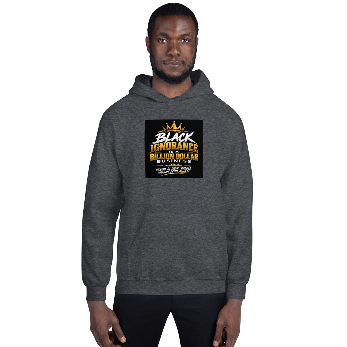 Dark heather gray unisex pullover hoodie with hood and front graphic