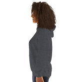 Heather gray unisex hoodie, side view with hood and kangaroo pocket