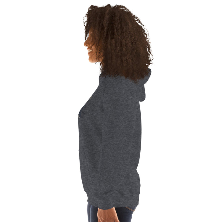 Heather gray unisex hoodie, side view with hood and kangaroo pocket