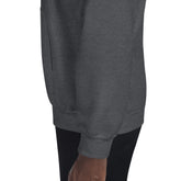 Gray unisex pullover hoodie fabric and hem with cuffed sleeves