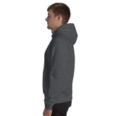 Unisex heather gray hoodie, side view with hood and long sleeves.