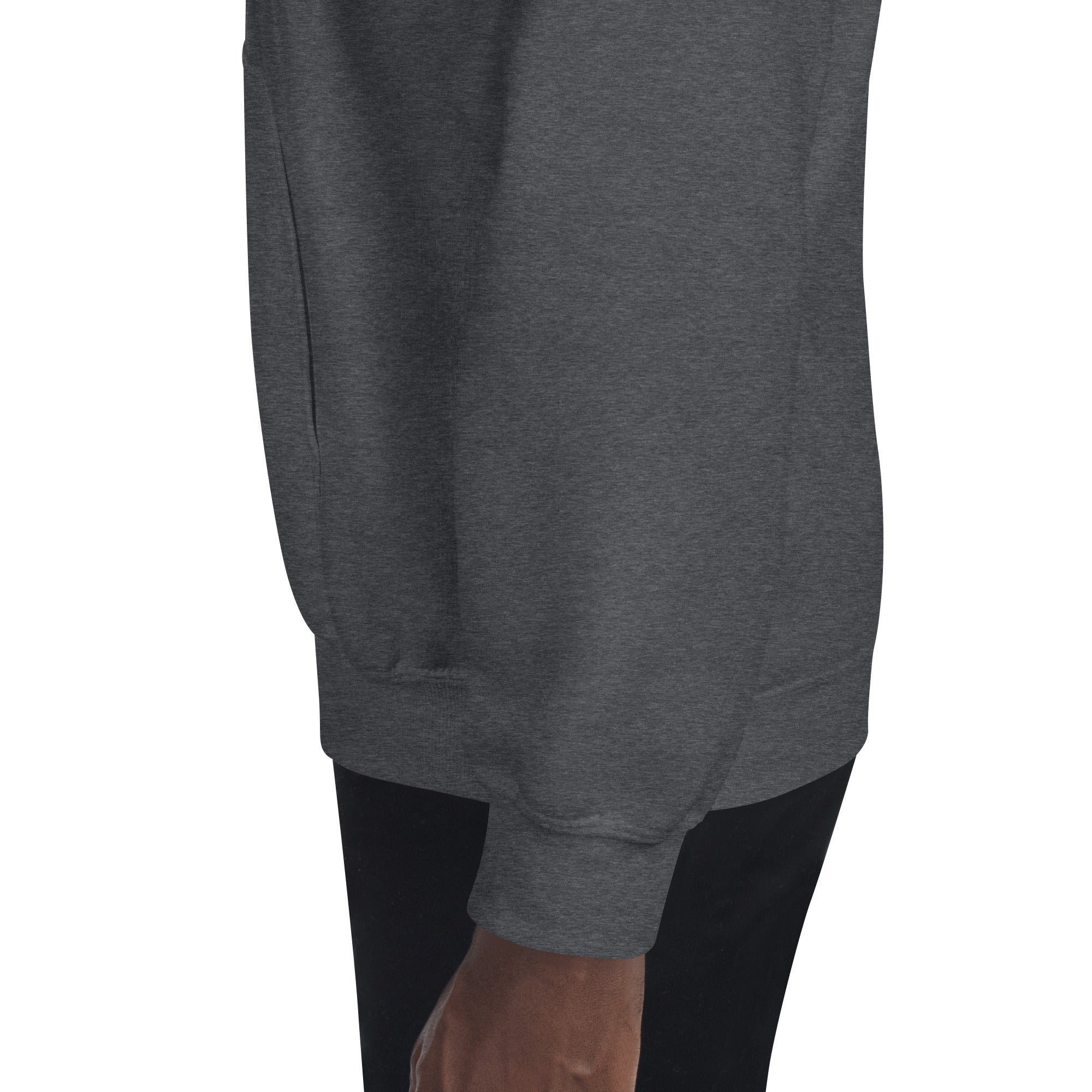 Unisex hoodie dark heather gray, close-up of side hem and sleeve cuff
