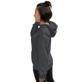 Unisex hoodie dark heather, side view with hood and kangaroo pocket