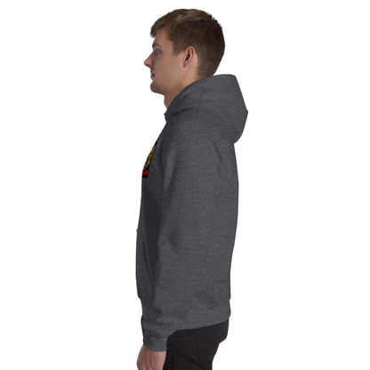 Dark gray heather unisex hoodie on side view, front graphic partially visible.