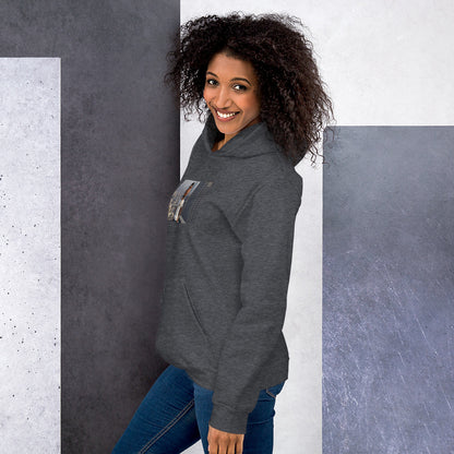 Dark gray pullover hoodie with hood, front pocket, and small chest photo graphic.