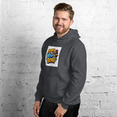 Dark gray unisex hoodie with colorful square front graphic and kangaroo pocket
