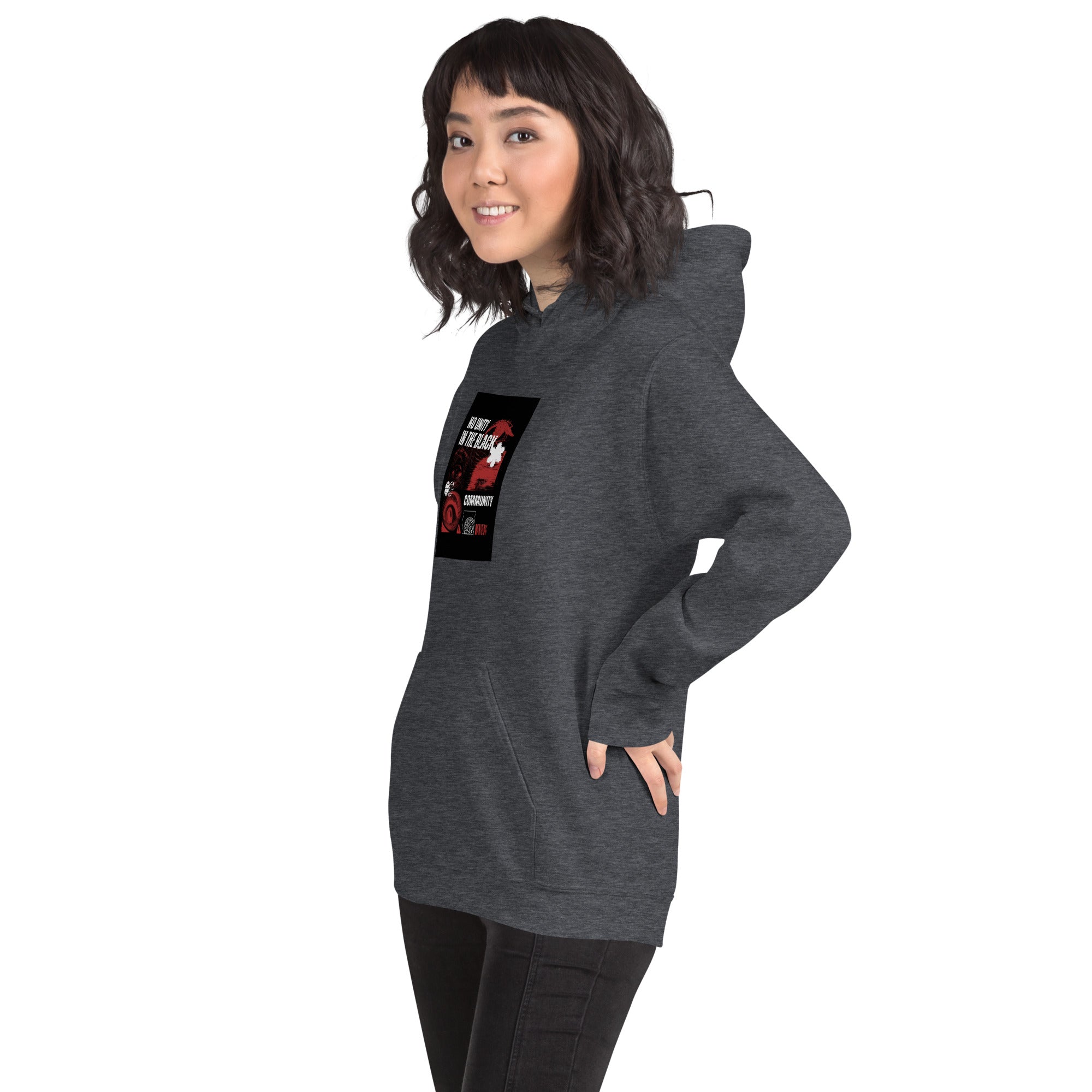 Unisex hoodie in dark heather gray, front logo print, long sleeves, kangaroo pocket