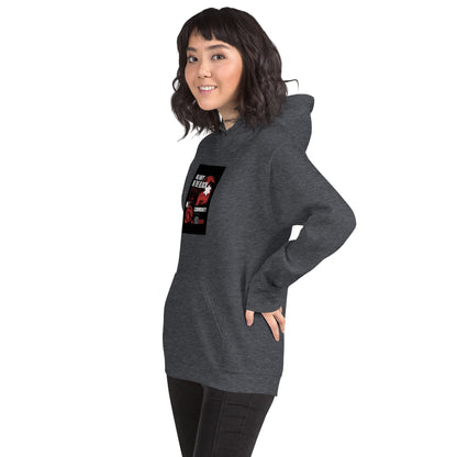 Unisex hoodie in dark heather gray, front logo print, long sleeves, kangaroo pocket