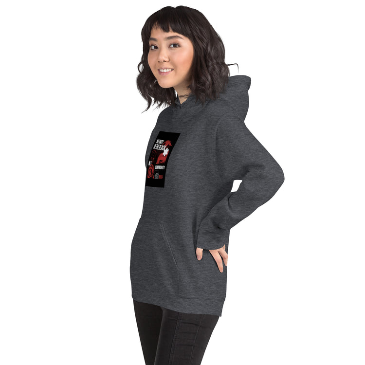 Unisex pullover hoodie, dark heather gray, side front with chest graphic and hood