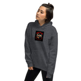 Unisex pullover hoodie, dark heather gray, chest graphic patch, hood and pocket