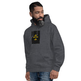 Dark gray unisex hoodie with hood, front pocket, and chest graphic