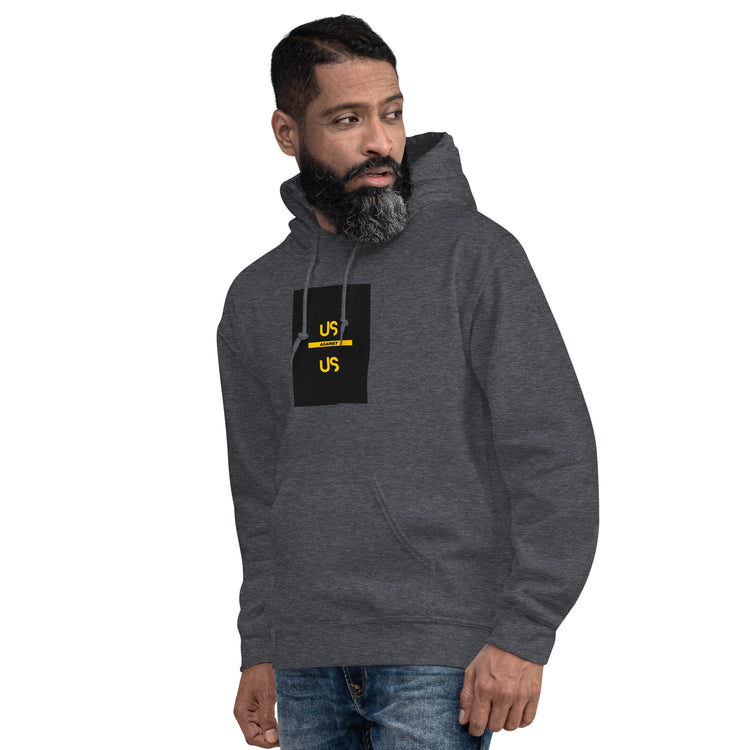 Dark gray unisex hoodie with hood, front pocket, and chest graphic