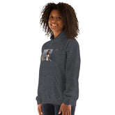 Heather gray unisex hoodie with front photo graphic, hood, and kangaroo pocket