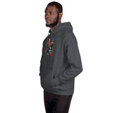 Gray unisex pullover hoodie side view with colorful sleeve patch graphic