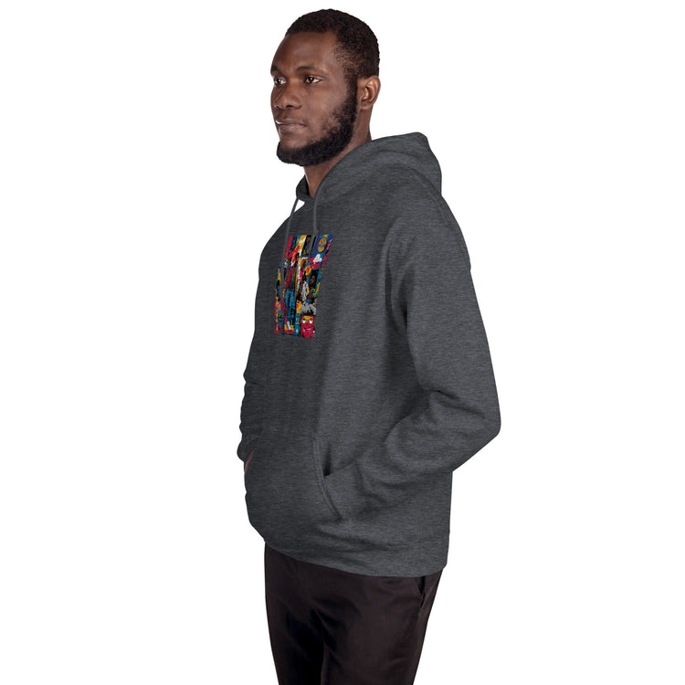 Gray unisex pullover hoodie side view with colorful sleeve patch graphic