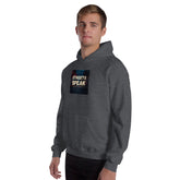 Unisex heather gray hoodie with front logo graphic, hood, and pouch pocket.