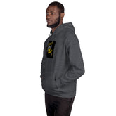 Dark heather gray unisex hoodie side view with chest graphic patch and hood
