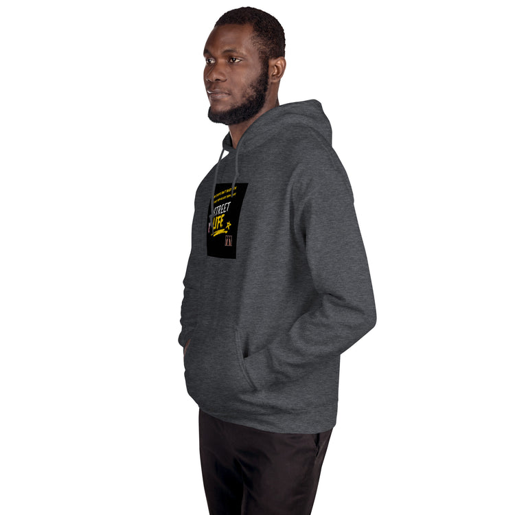 Dark heather gray unisex hoodie side view with chest graphic patch and hood