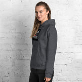 Dark gray unisex hoodie with hood, front pouch pocket, square chest logo